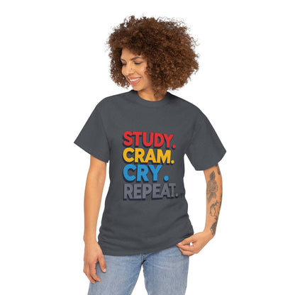 Study Cram Cry Repeat Tee, Unisex Heavy Cotton T-Shirt, Student Gift, College Humor Shirt, Exam Prep Apparel, Funny Study Tee
