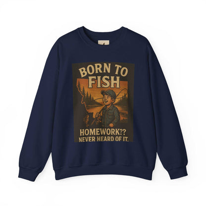 Navy "Born to Fish" sweatshirt with vintage angling design, ideal for fishing enthusiasts.