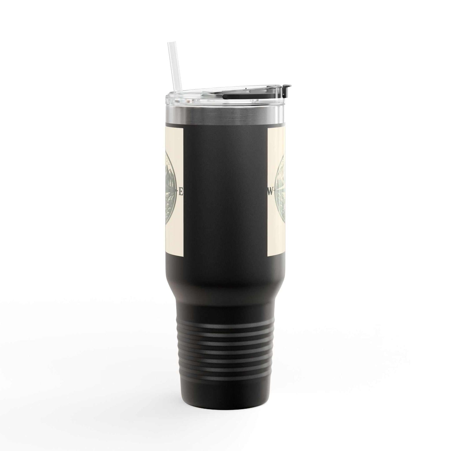 40oz black insulated Montana Compass Travel Mug with stylish compass design, ideal for outdoor adventures and keeping drinks hot or cold.