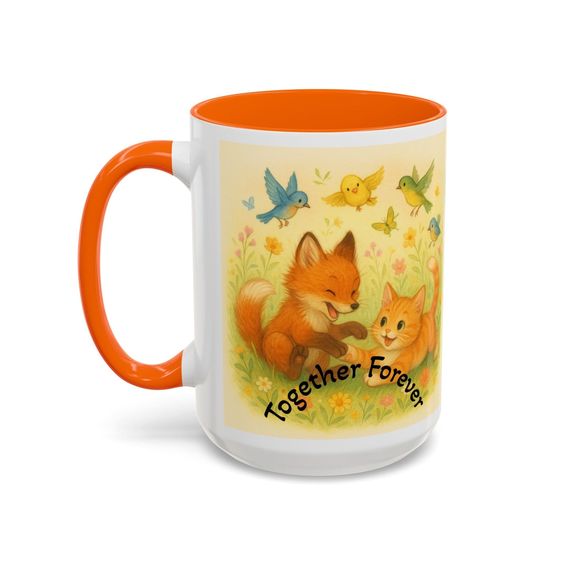 Whimsical Cat Mug with playful fox and kitten design, orange interior, perfect gift for cat lovers and creatives.
