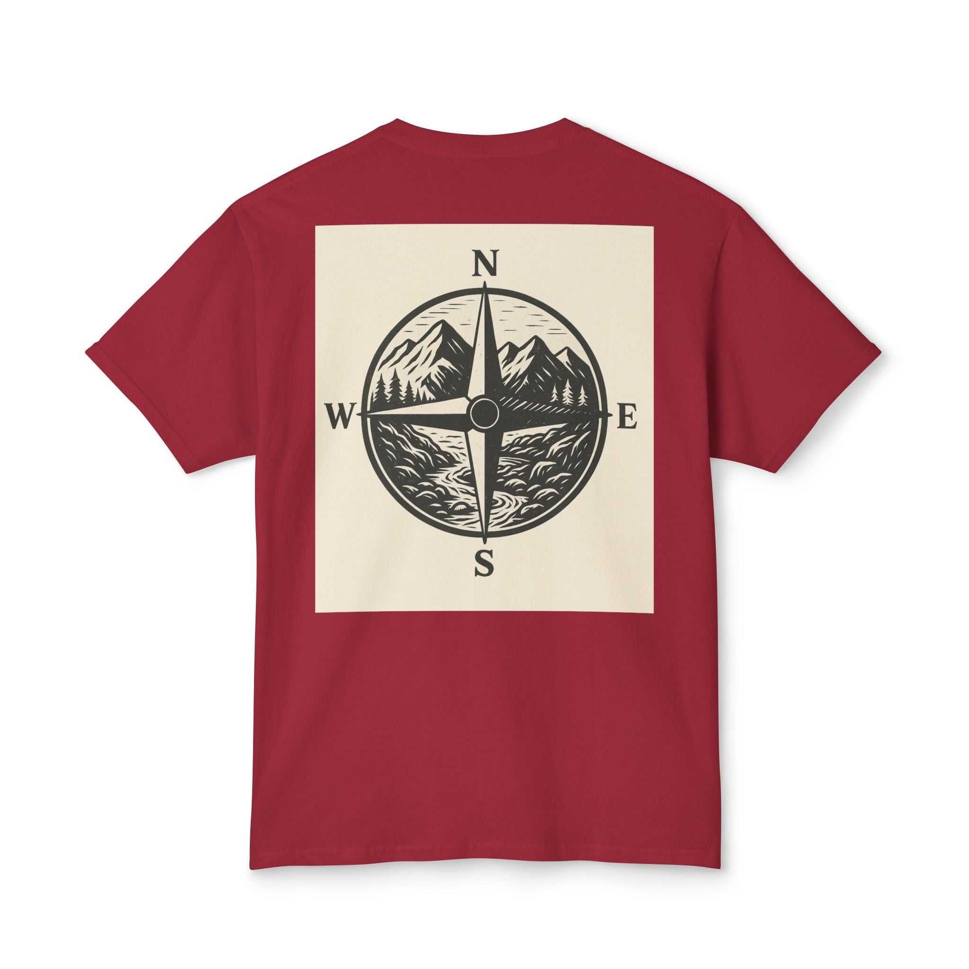 Red Montana Adventure Tee with nature-inspired compass design on the back.