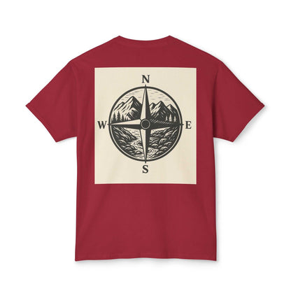 Red Montana Adventure Tee with nature-inspired compass design on the back.
