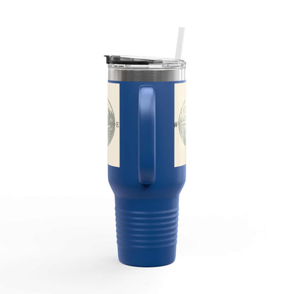 Montana Compass Travel Mug – 40oz blue insulated cup with compass design, ideal for outdoor adventures.