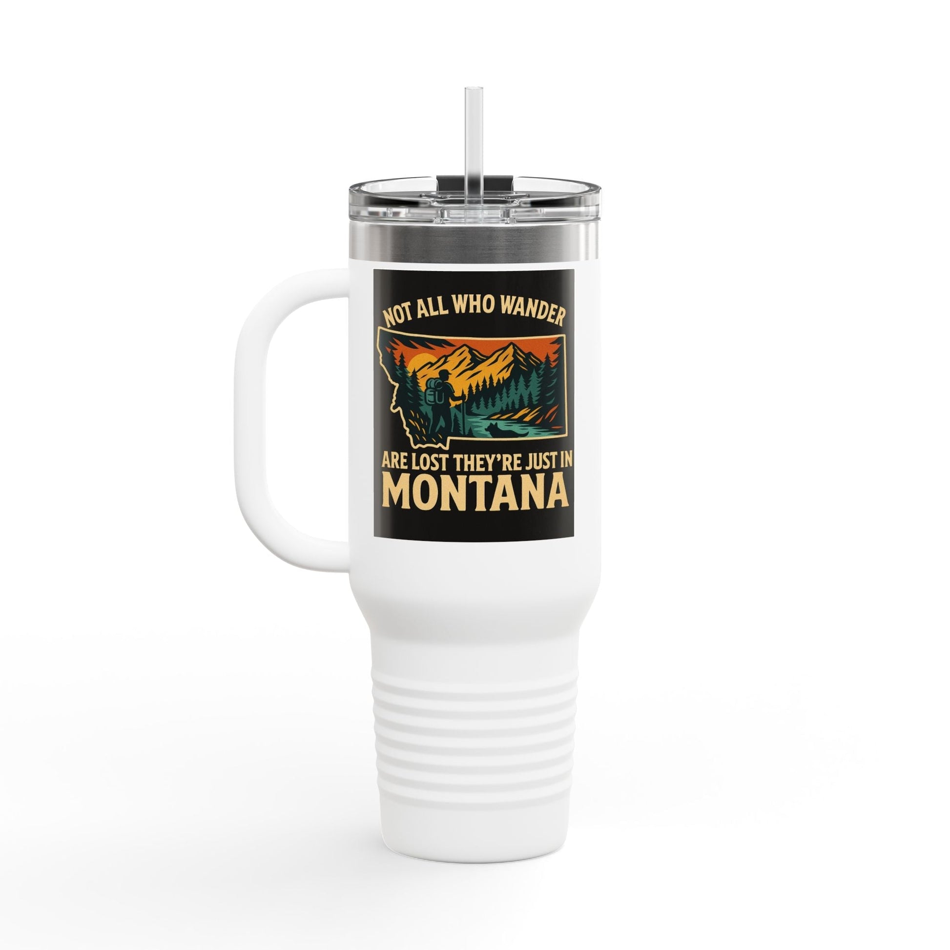 Large white Montana Adventure Mug with handle and lid featuring outdoor design.