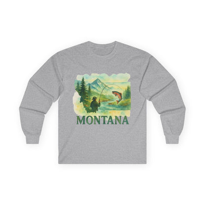 Montana Fishing Long Sleeve Tee in gray with nature-inspired graphic design.