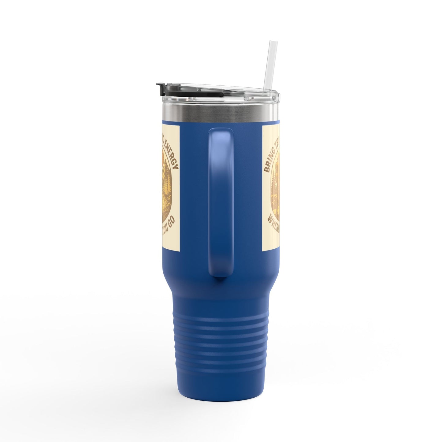 40oz insulated travel cup with positive vibes design, Good Energy Only Mug, leak-resistant lid, vibrant blue color.