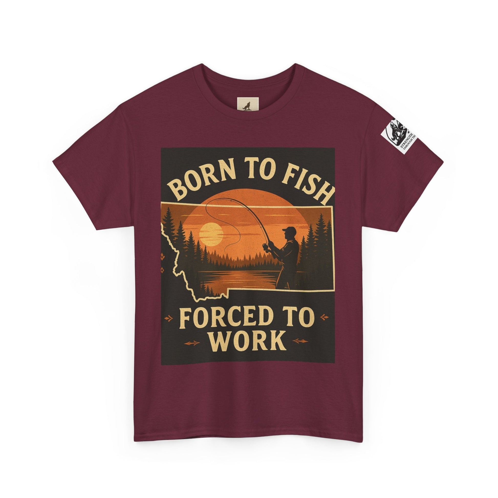 Montana Fishing Tee with "Born to Fish, Forced to Work" graphic, ideal for nature lovers.