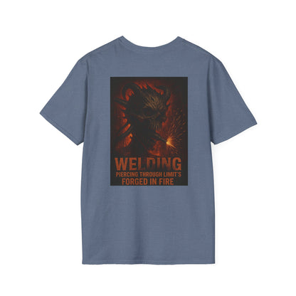 Welding Gift T-Shirt with "Forged in Fire" graphic for metalworkers and welders.