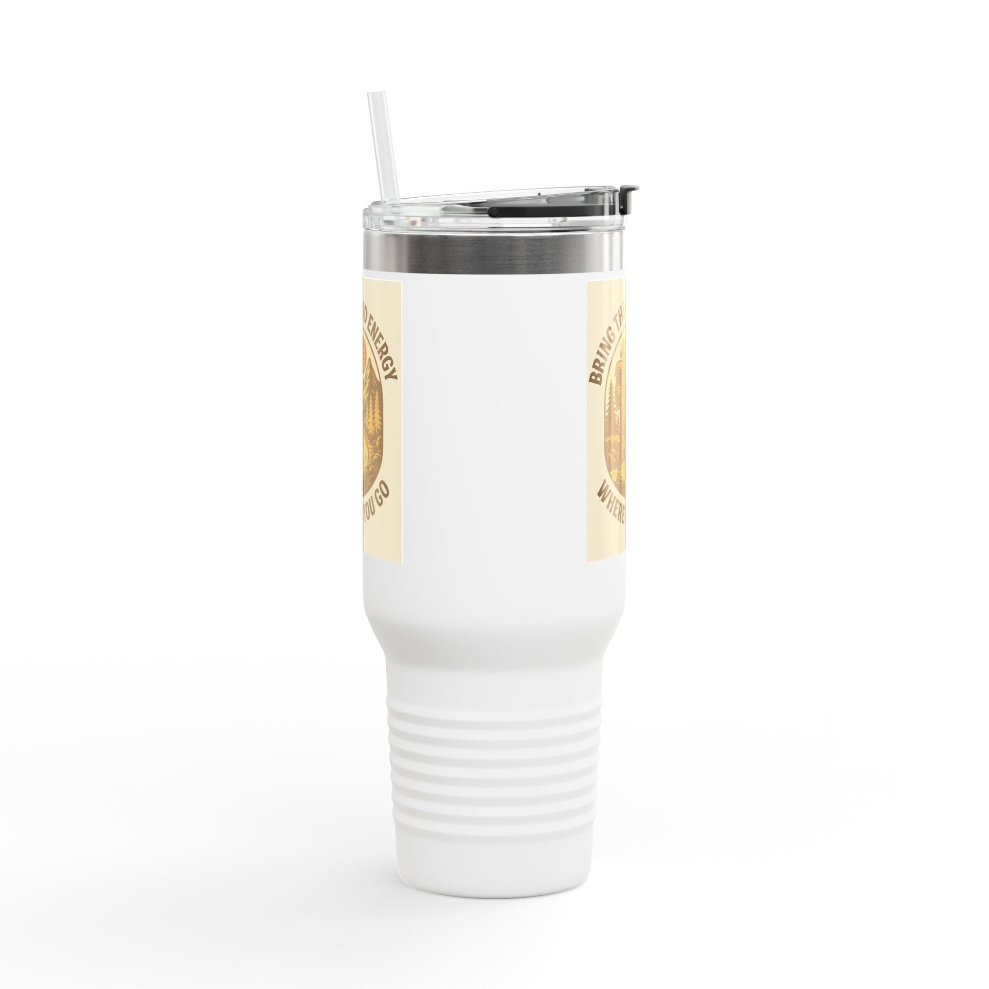 40oz insulated travel cup with positive vibes design and ergonomic handle.
