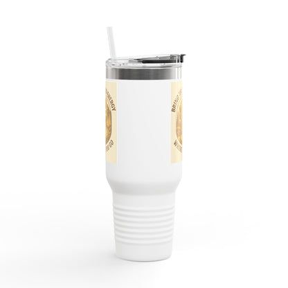 40oz insulated travel cup with positive vibes design and ergonomic handle.