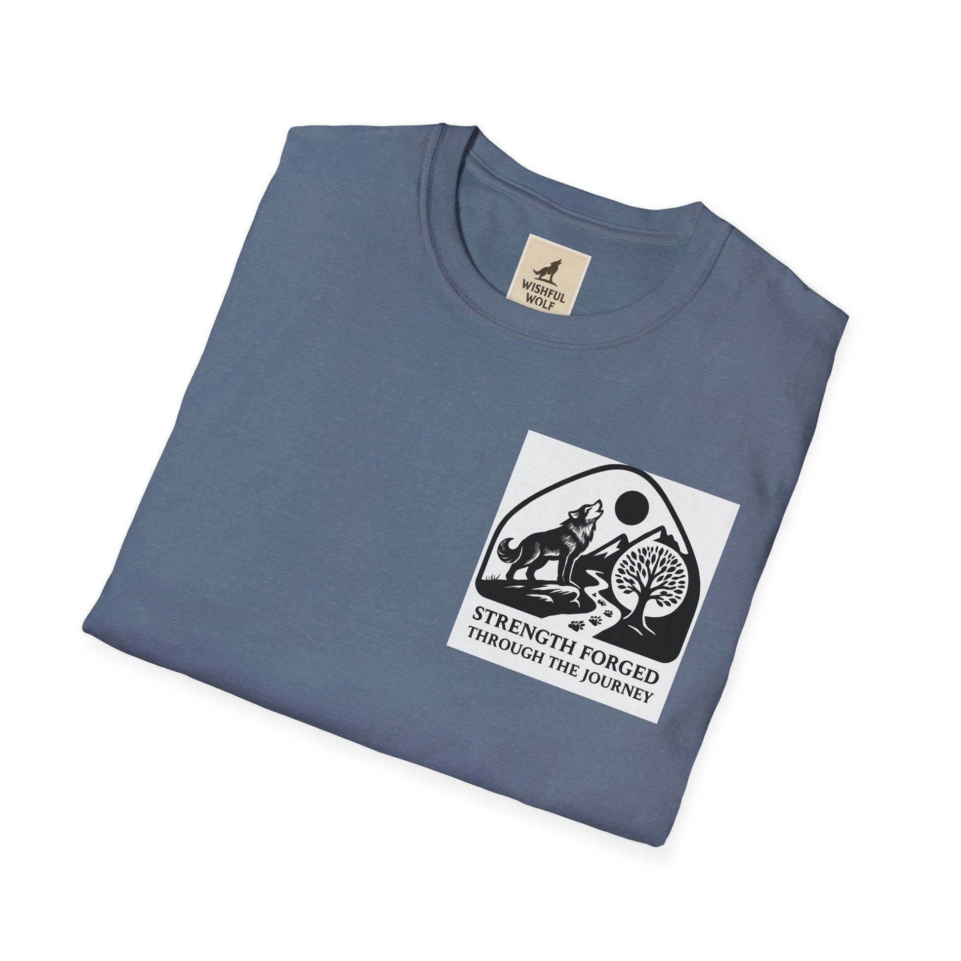 Blue "Strength Forged" graphic T-shirt for welders and metalworkers, emphasizing resilience and craftsmanship.