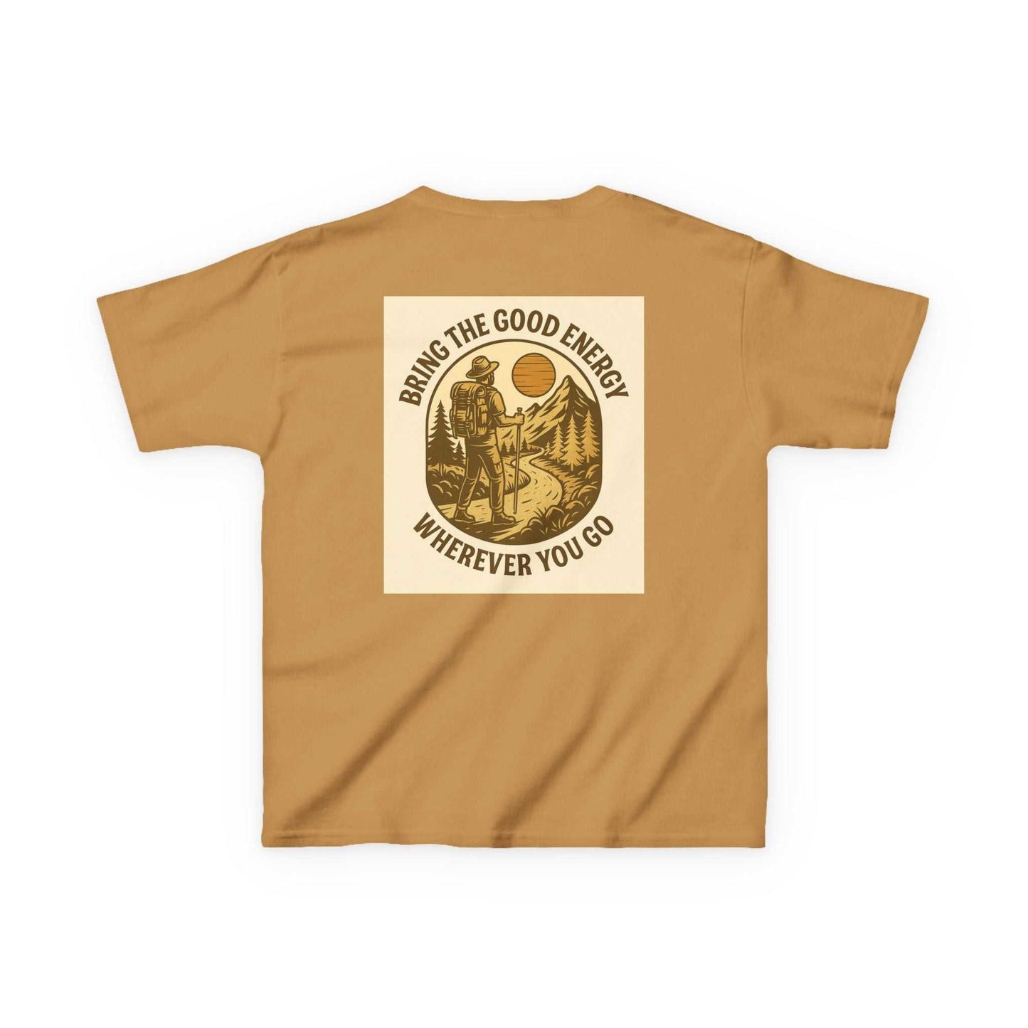 Nature-inspired Adventure Kids Tee with motivational message "Bring The Good Energy Wherever You Go" on a cotton shirt suitable for young explorers.