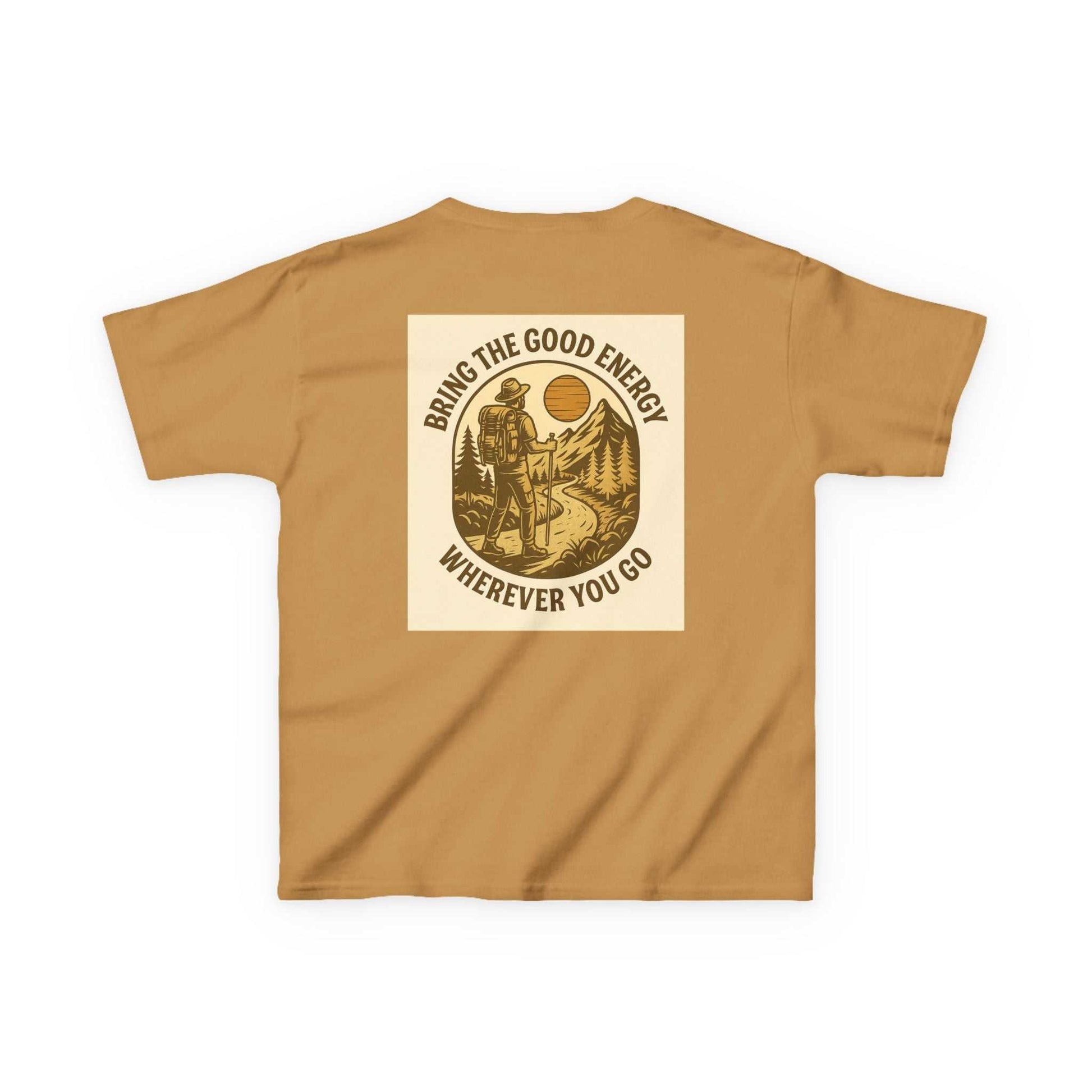 Nature-inspired Adventure Kids Tee with motivational message "Bring The Good Energy Wherever You Go" on a cotton shirt suitable for young explorers.