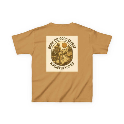 Nature-inspired Adventure Kids Tee with motivational message "Bring The Good Energy Wherever You Go" on a cotton shirt suitable for young explorers.