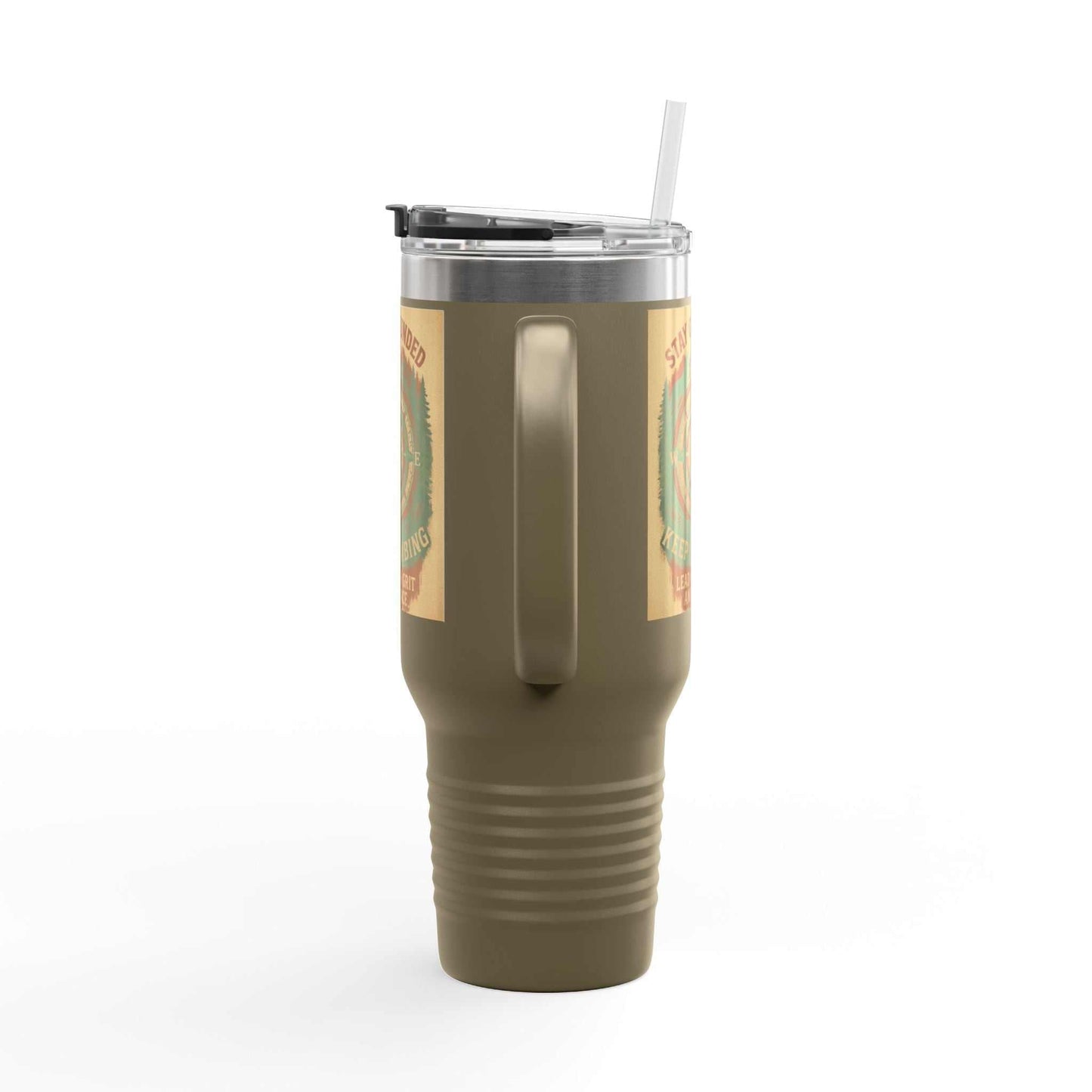 40oz brown insulated travel mug with ergonomic handle and nature-themed design.