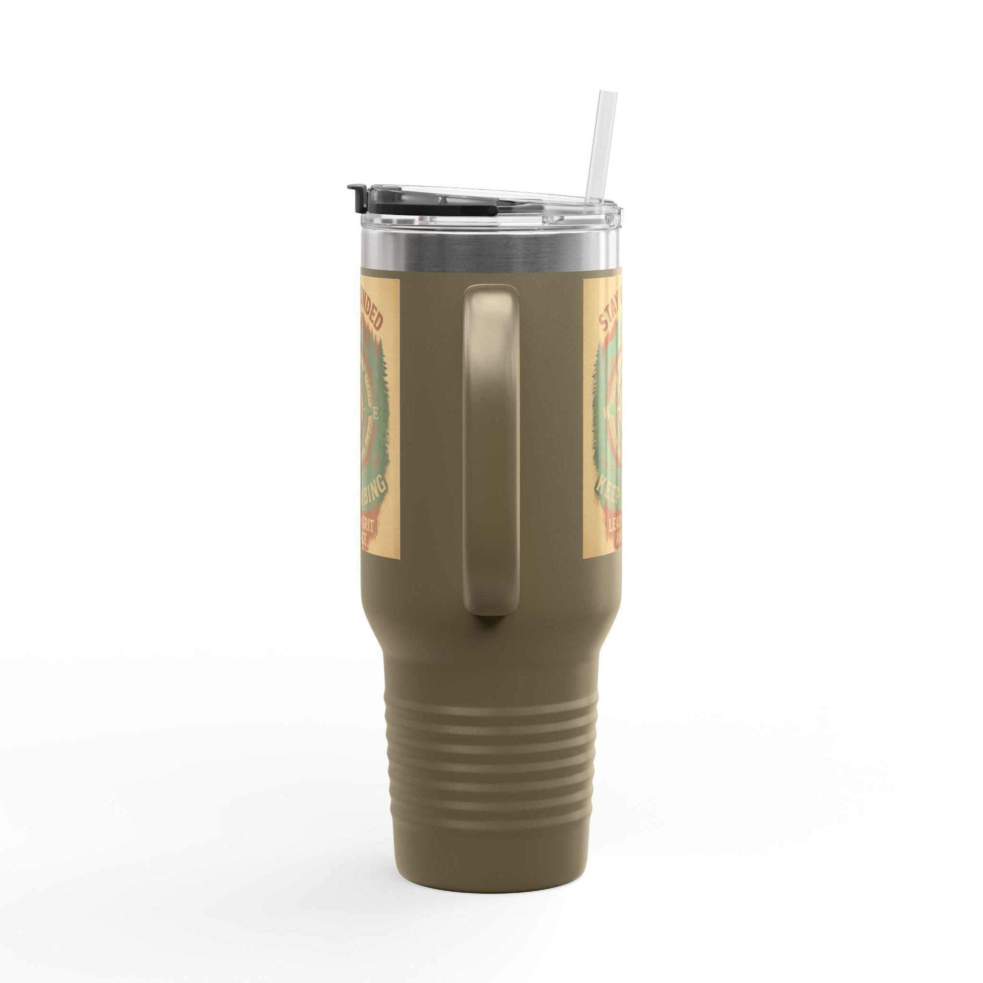 40oz brown insulated travel mug with ergonomic handle and nature-themed design.