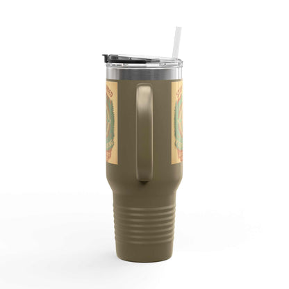 40oz brown insulated travel mug with ergonomic handle and nature-themed design.