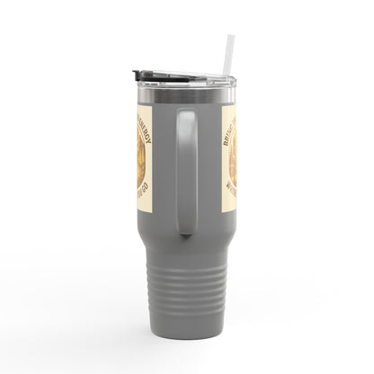 40oz insulated travel mug with positive vibes design, ergonomic handle, leak-resistant lid, and durable stainless steel.