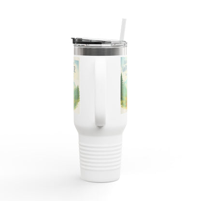 Montana 40oz Adventure Mug in white with ergonomic handle and spill-resistant lid, designed for outdoor enthusiasts.