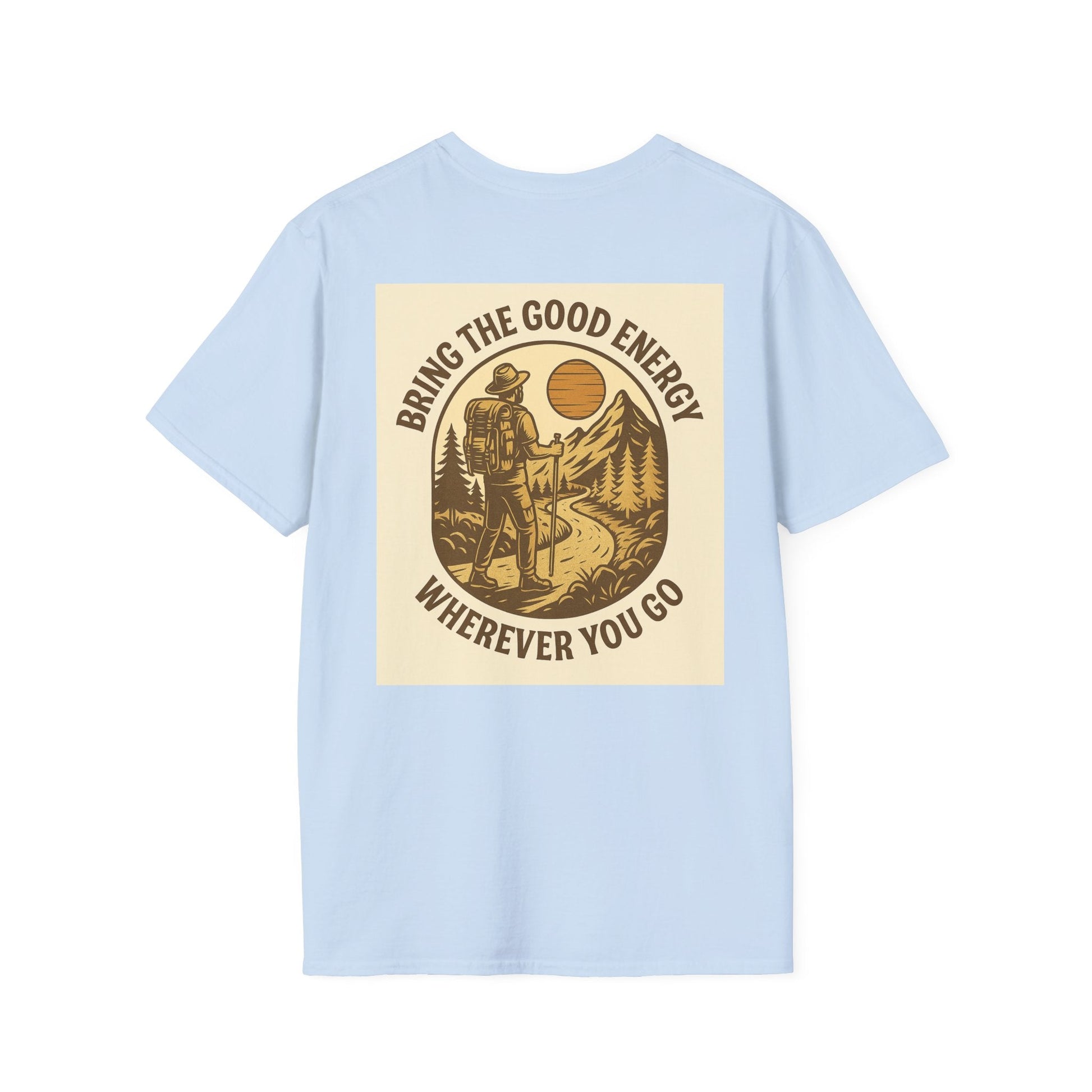 Light blue Montana-Inspired Adventure Tee with scenic graphic and message "Bring the Good Energy Wherever You Go."