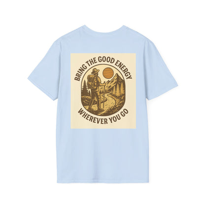 Light blue Montana-Inspired Adventure Tee with scenic graphic and message "Bring the Good Energy Wherever You Go."