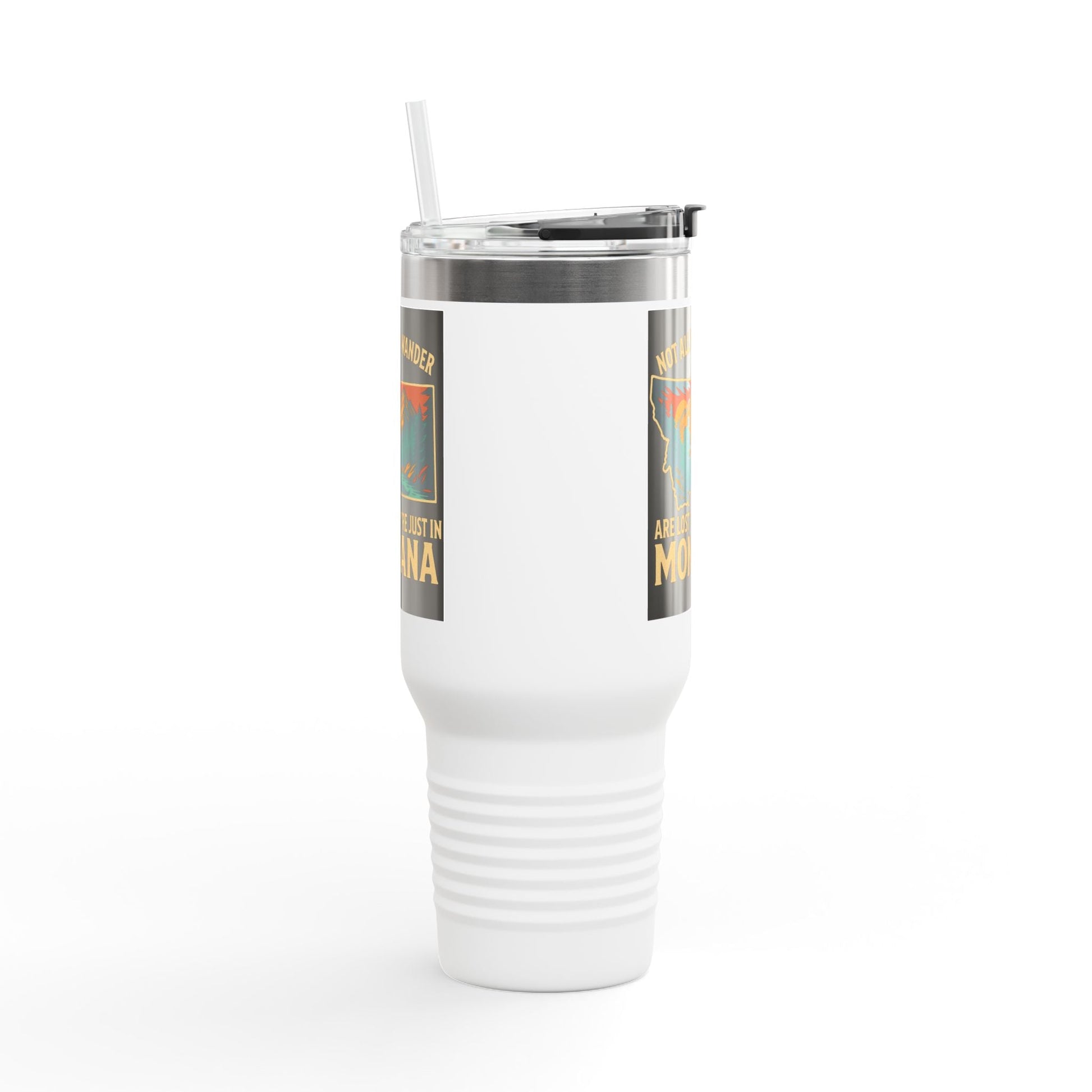 Large white Montana Adventure Mug featuring a rugged stainless steel design with a secure lid and straw.