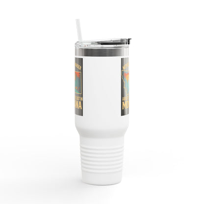 Large white Montana Adventure Mug featuring a rugged stainless steel design with a secure lid and straw.