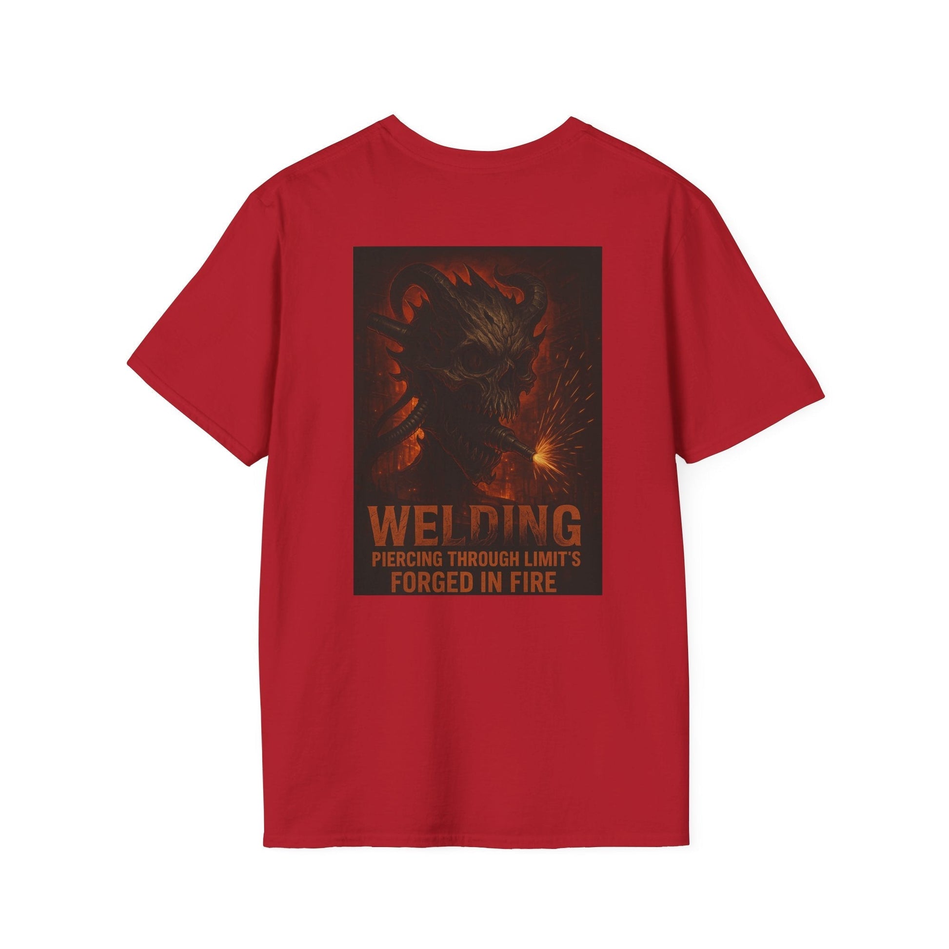Welding Gift T-Shirt with "Forged in Fire" graphic for metalworkers, red color.