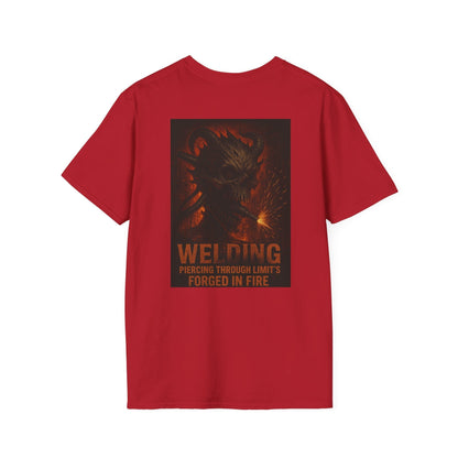 Welding Gift T-Shirt with "Forged in Fire" graphic for metalworkers, red color.