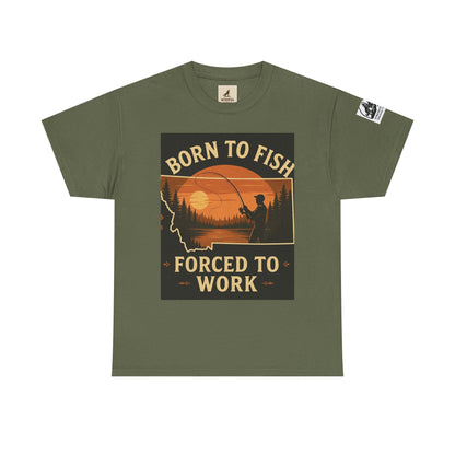 Montana Fishing Tee with "Born to Fish, Forced to Work" graphic, perfect for nature lovers.