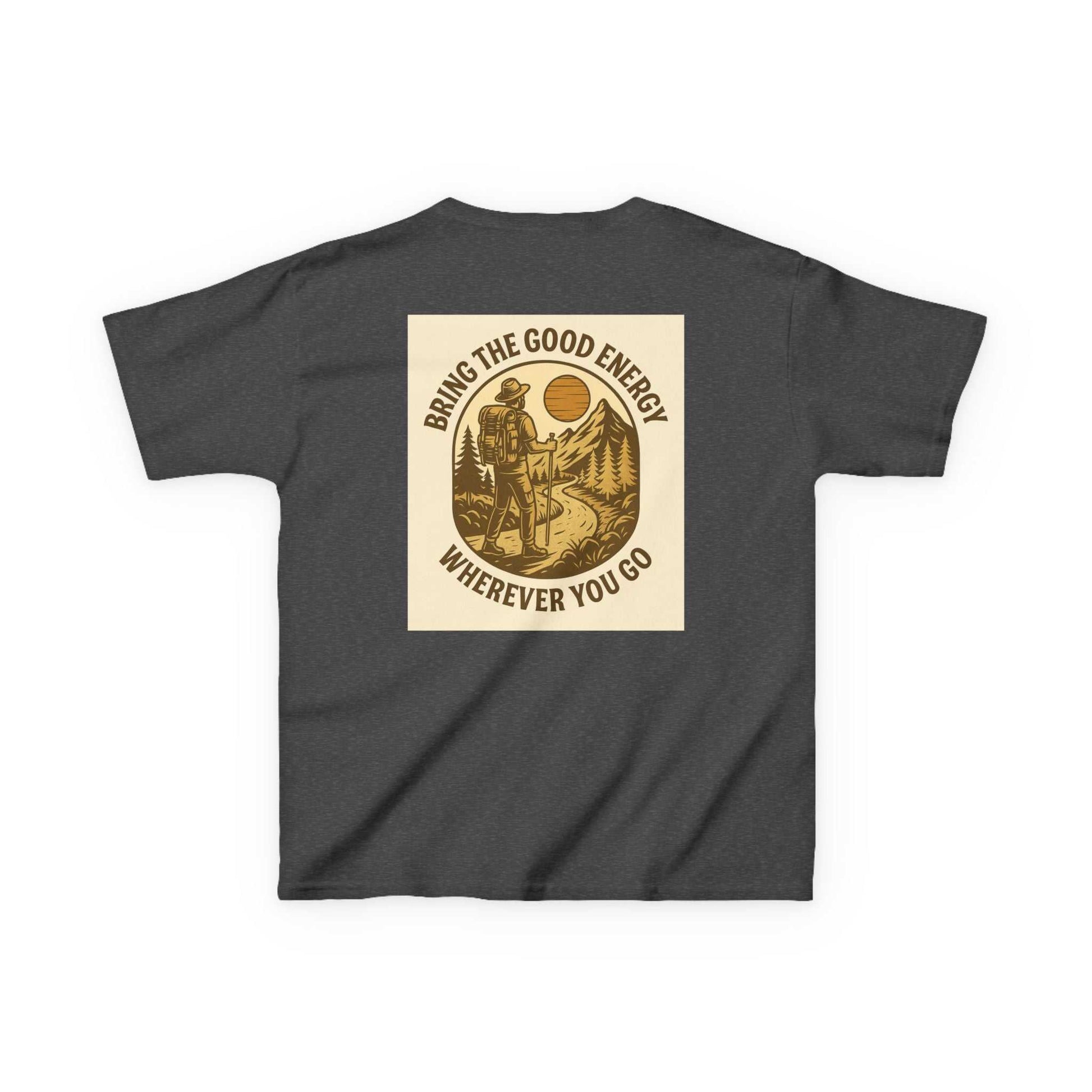 Adventure Kids Tee with nature-inspired motivational design on the back promoting positive energy.