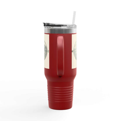 40oz red insulated Montana Compass Travel Mug with handle and leak-proof lid, featuring a compass design.