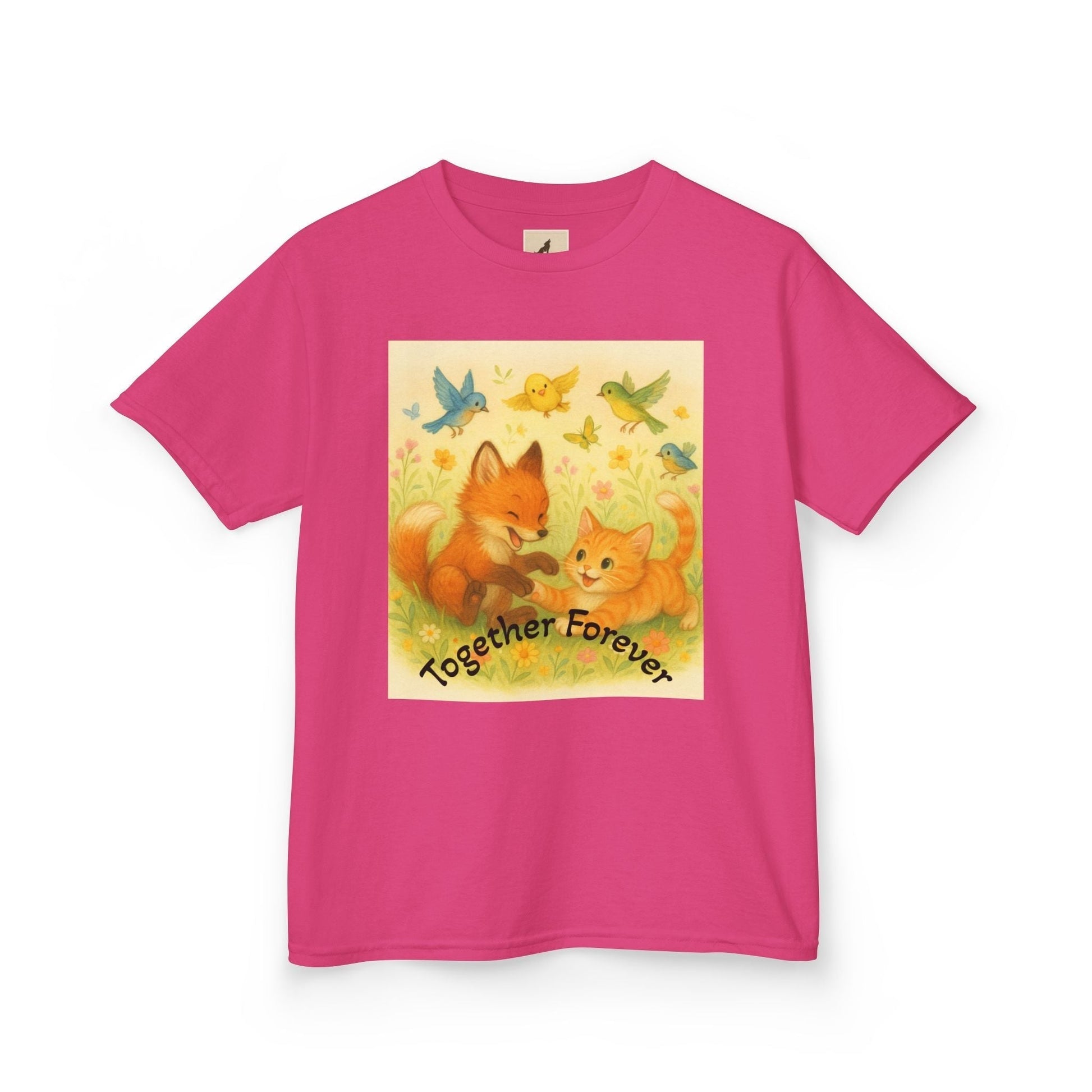 Pink kids t-shirt with adorable animal graphic and "Together Forever" text.