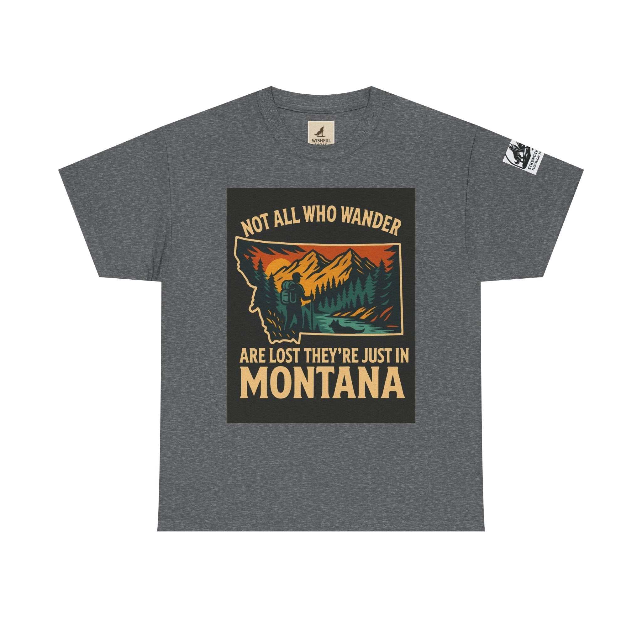Get Lost in Montana Tee with scenic nature print promoting adventure and exploration.