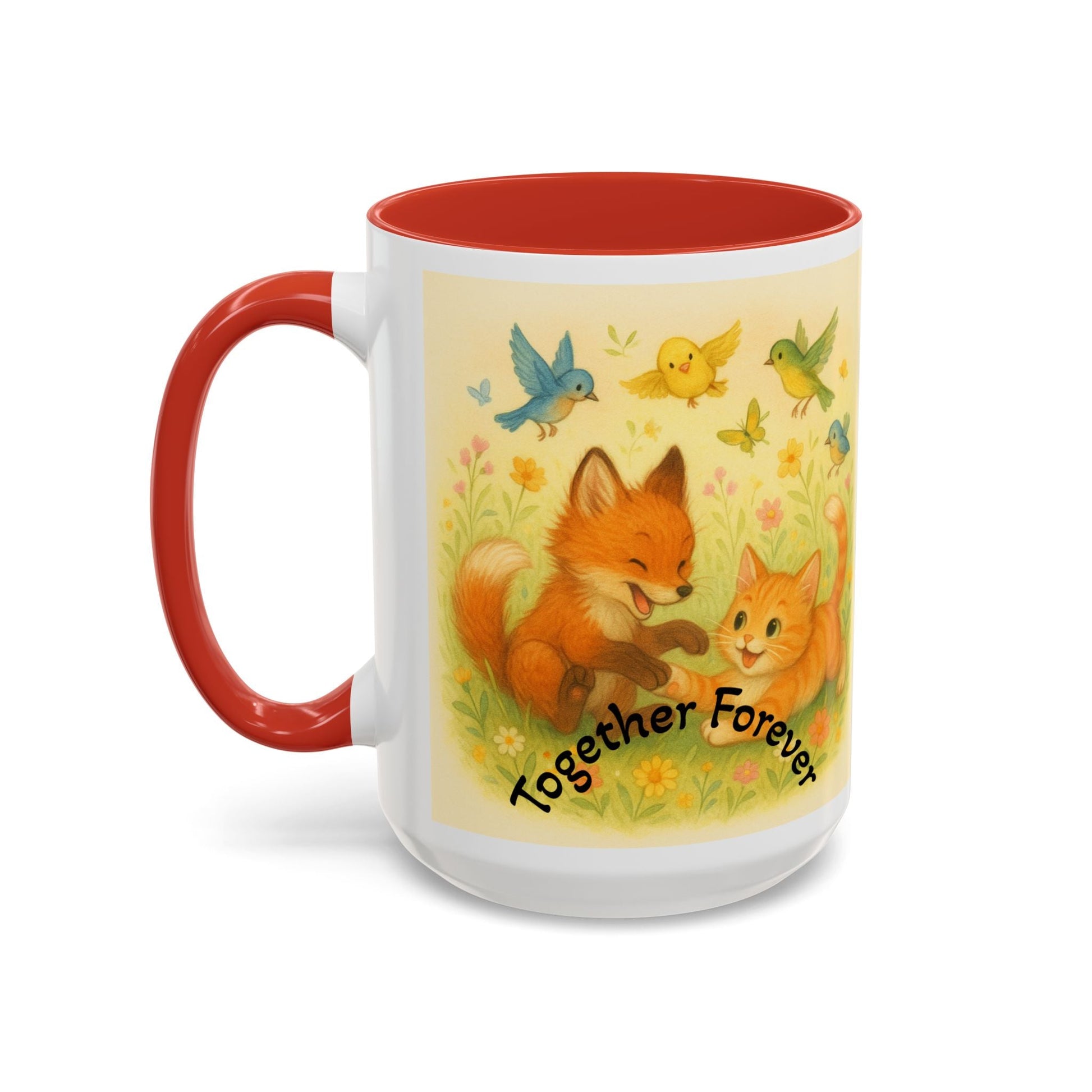 Playful cat and unicorn design on the Whimsical Cat Mug with red handle and interior.