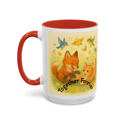 Playful cat and unicorn design on the Whimsical Cat Mug with red handle and interior.