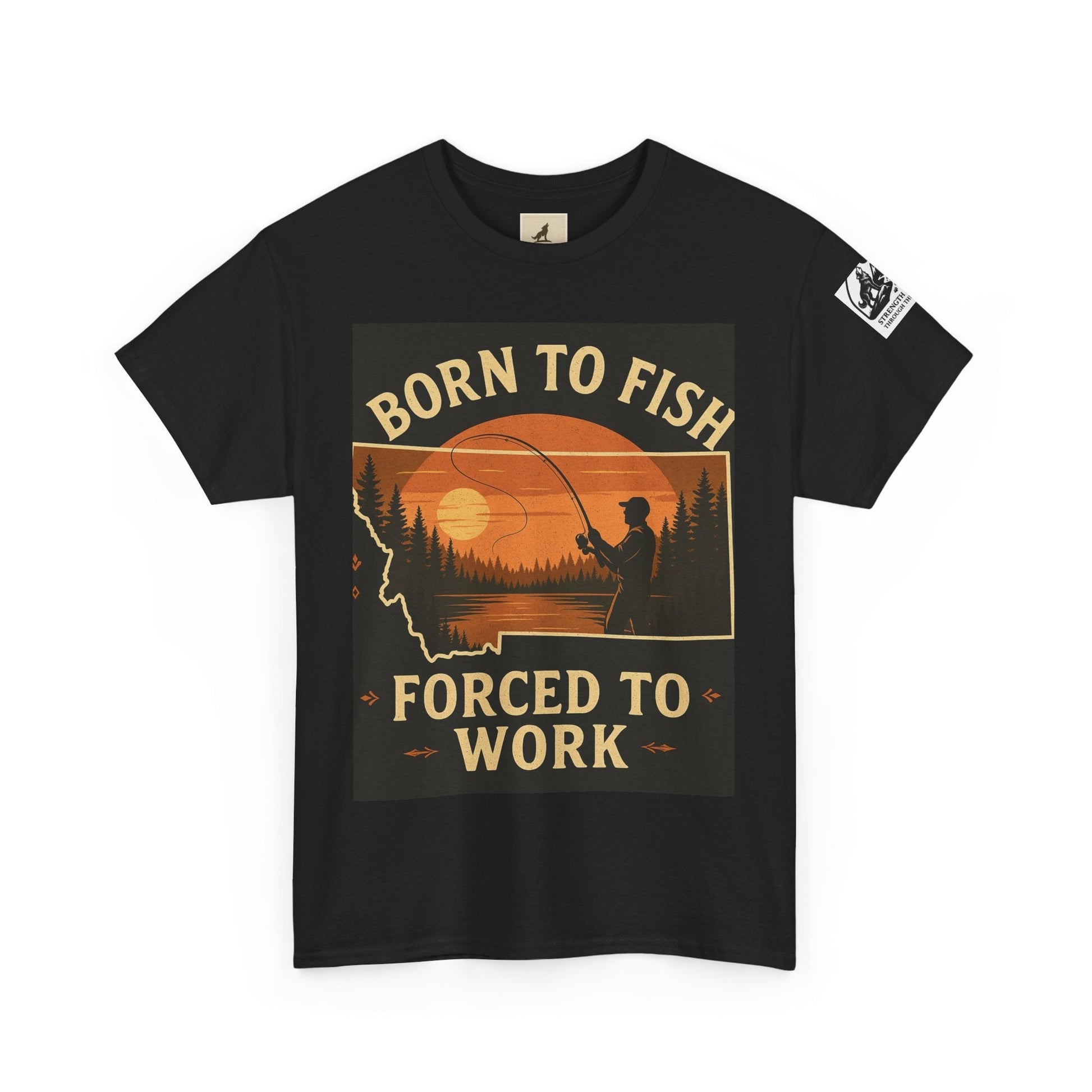 Montana Fishing Tee with "Born to Fish, Forced to Work" graphic, perfect for anglers and nature lovers.