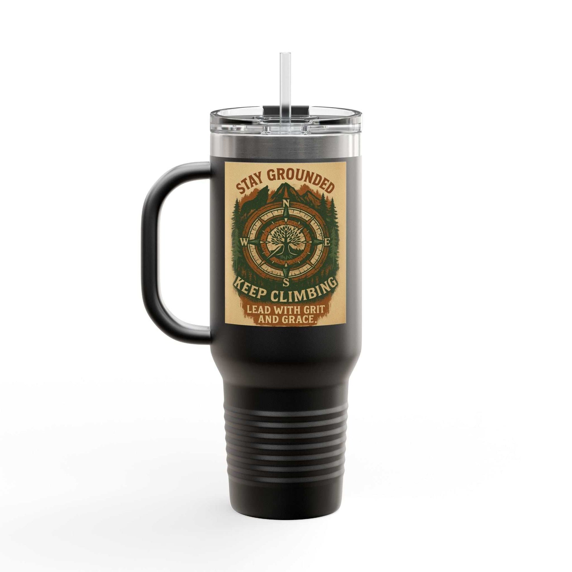 40oz Stay Grounded Travel Mug with handle, featuring compass design and motivational text; insulated tumbler for outdoor enthusiasts.