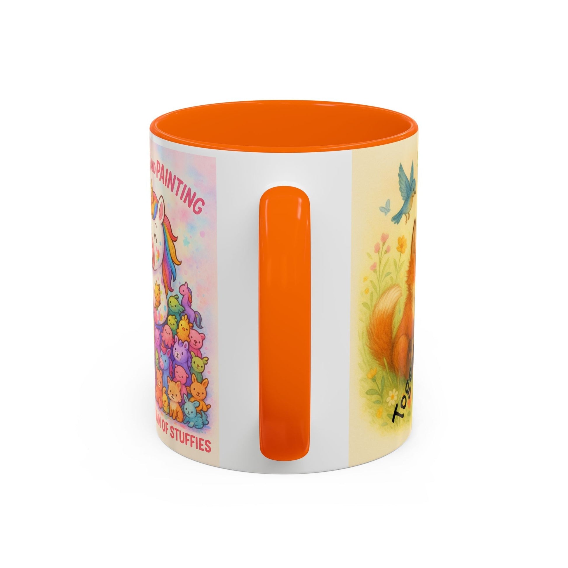 Whimsical Cat Mug with playful cat and unicorn design, orange handle, perfect gift for animal lovers and creative minds.