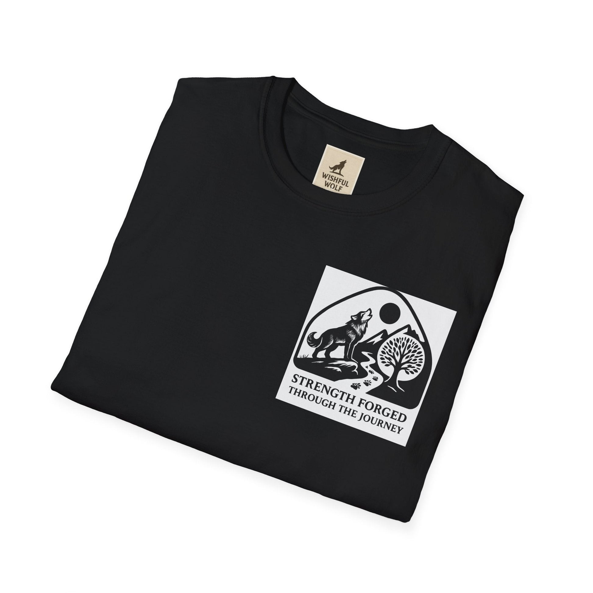 Welding Gift T-Shirt featuring "Strength Forged Through the Journey" graphic, folded neatly on a surface.