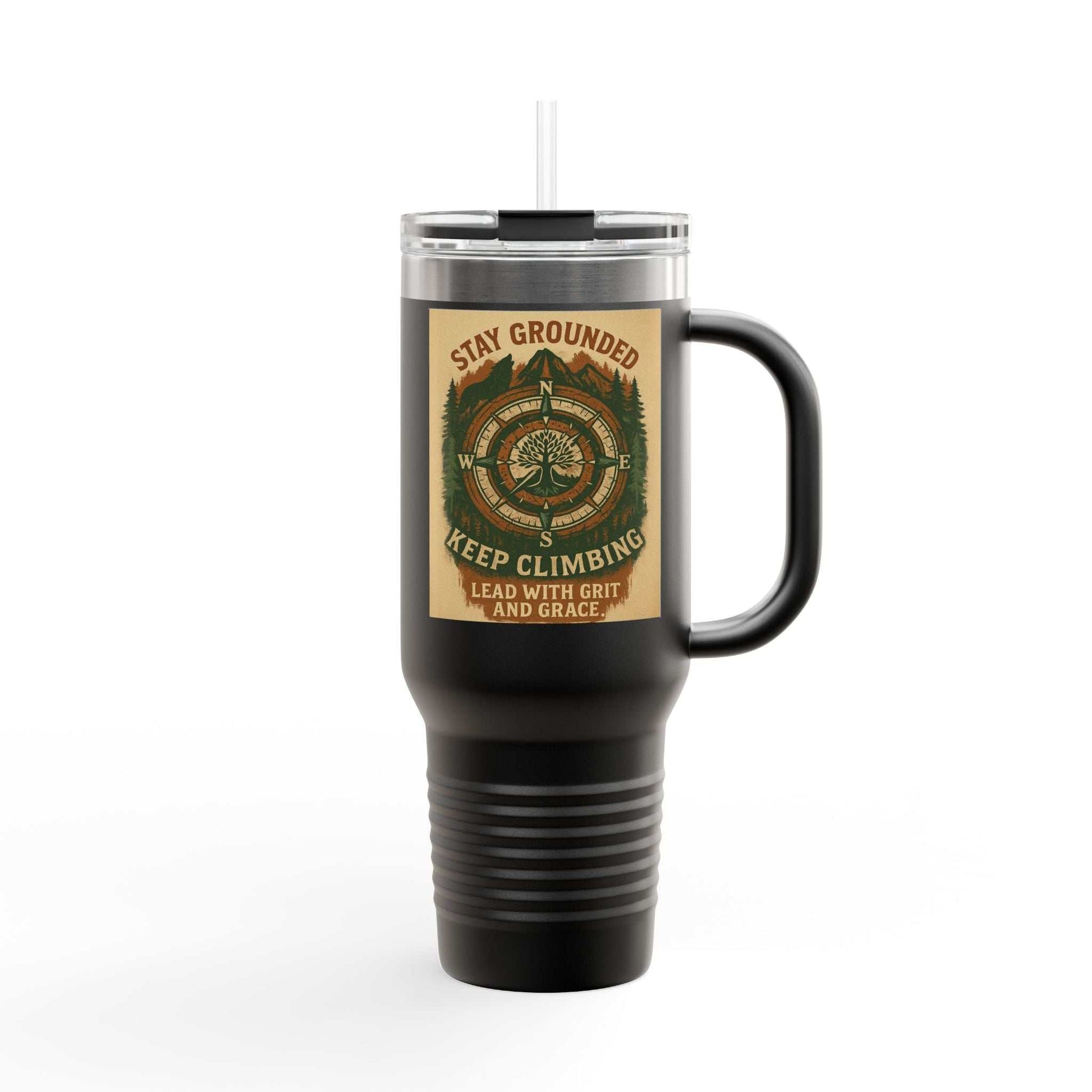 40oz Stay Grounded Travel Mug with ergonomic handle, leak-proof lid, and inspirational nature-themed design.