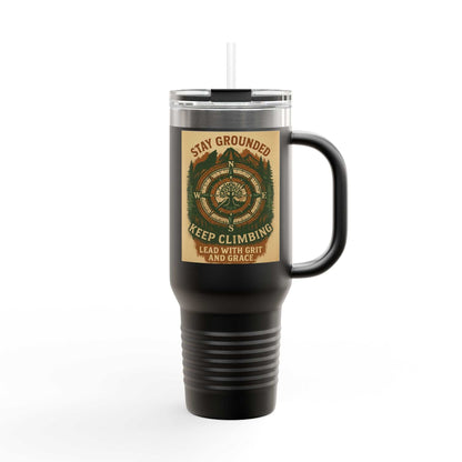40oz Stay Grounded Travel Mug with ergonomic handle, leak-proof lid, and inspirational nature-themed design.