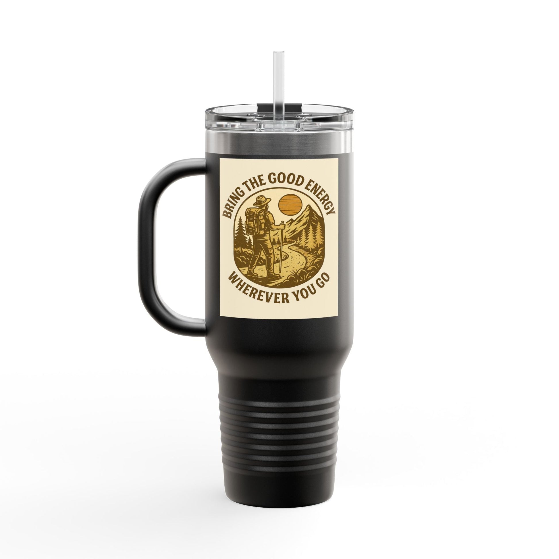 40oz insulated travel cup with handle and positive vibes design.