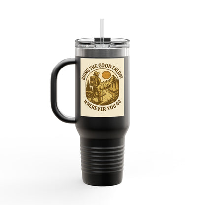 40oz insulated travel cup with handle and positive vibes design.