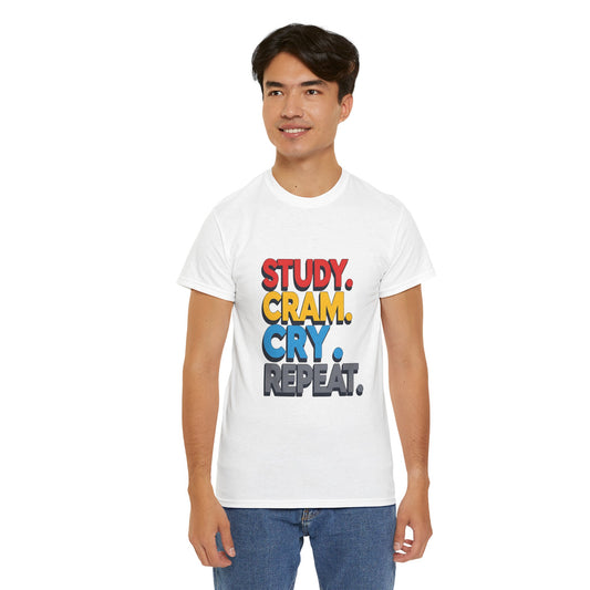 Study Cram Cry Repeat Tee, Unisex Heavy Cotton T-Shirt, Student Gift, College Humor Shirt, Exam Prep Apparel, Funny Study Tee