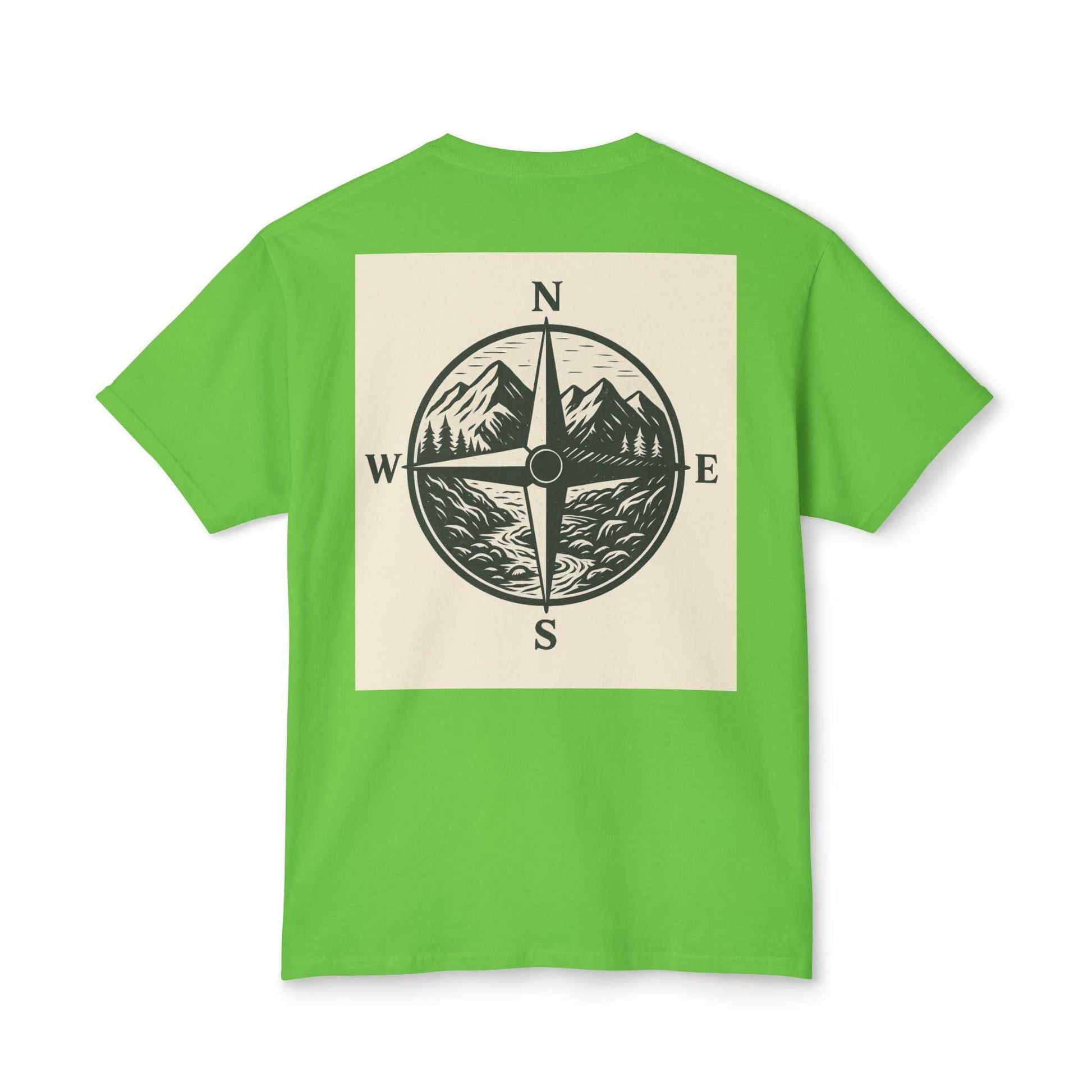 Green Montana Adventure Tee with compass design, nature-inspired softstyle for outdoor enthusiasts.