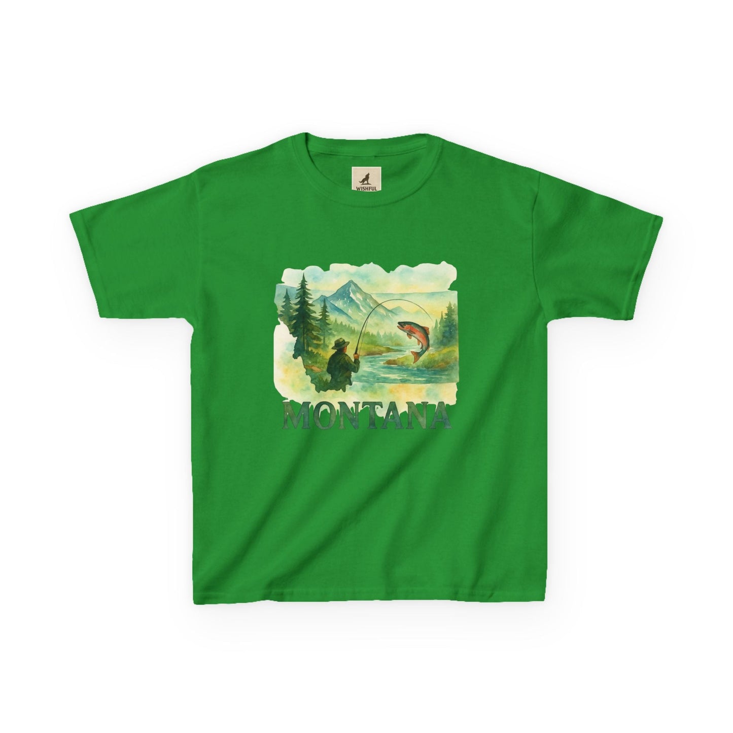 Montana Adventure Kids Tee – nature-inspired graphic shirt for youth in green.