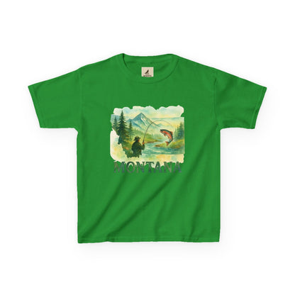 Montana Adventure Kids Tee – nature-inspired graphic shirt for youth in green.