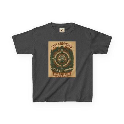 Adventure Kids Tee with "Stay Grounded & Keep Climbing" inspirational print, nature-inspired children’s t-shirt.