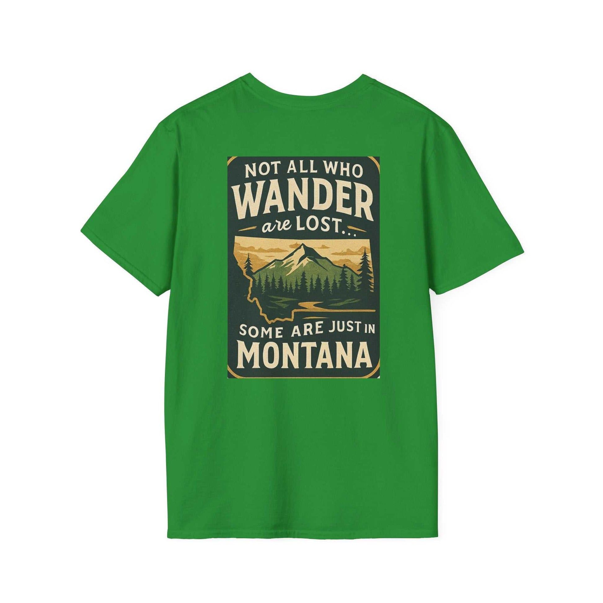 Montana Adventure Tee with wilderness graphic on green shirt; designed for nature lovers.